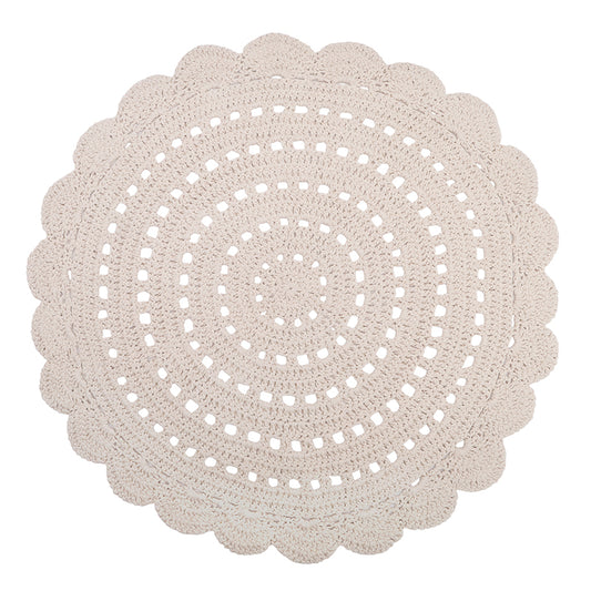 Alma is a round, hand-crocheted rug in a ecu colour.  This rug is available in two sizes.